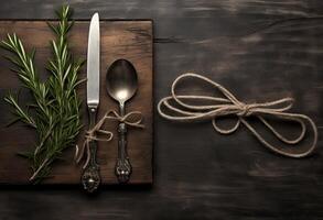 Rustic vintage set of cutlery knife, spoon, fork. Black background. Top view. Created with Generative AI technology. photo