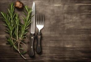 Rustic vintage set of cutlery knife, spoon, fork. Black background. Top view. Created with Generative AI technology. photo