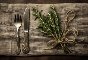 Rustic vintage set of cutlery knife, spoon, fork. Black background. Top view. Created with Generative AI technology. photo