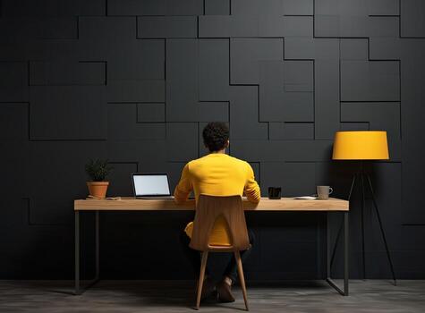Wide angle back view at man using computer at home office with modern tech interior, copy space. Created with technology. photo