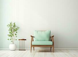 Photo of white wooden cupboard with fresh plant and mint lampshade. Created with Generative AI technology.