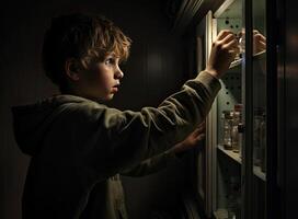 Toddler baby opened the cabinet drawer with pills and medicine. Child boy holding a pack of pills in the home living room Created with technology. photo