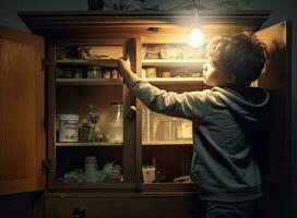 Toddler baby opened the cabinet drawer with pills and medicine. Child boy holding a pack of pills in the home living room Created with Generative AI technology. photo