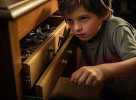 Toddler baby opened the cabinet drawer with pills and medicine. Child boy holding a pack of pills in the home living room Created with Generative AI technology. photo