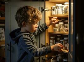 Toddler baby opened the cabinet drawer with pills and medicine. Child boy holding a pack of pills in the home living room Created with Generative AI technology. photo