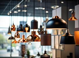 Different modern streamlined mirror copper chandeliers. Bubble metal copper shade pendant. Created with technology. photo