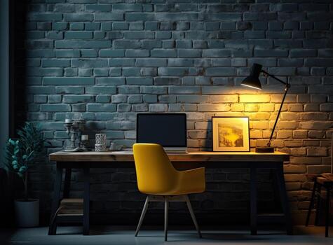 Wide angle back view at man using computer at home office with modern tech interior, copy space. Created with technology. photo