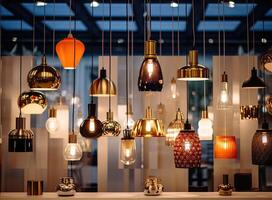 Different modern streamlined mirror copper chandeliers. Bubble metal copper shade pendant. Created with technology. photo