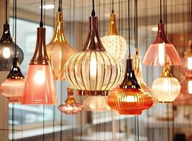 Different modern streamlined mirror copper chandeliers. Bubble metal copper shade pendant. Created with technology. photo