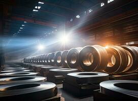 rollos de galvanizado acero sábana dentro el fábrica o depósito. creado con generativo ai tecnología. foto