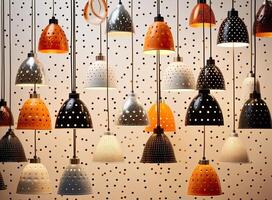Different modern streamlined mirror copper chandeliers. Bubble metal copper shade pendant. Created with technology. photo