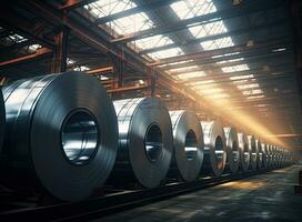 Rolls of galvanized steel sheet inside the factory or warehouse. Created with Generative AI technology. photo