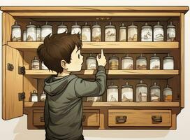 Toddler baby opened the cabinet drawer with pills and medicine. Child boy holding a pack of pills in the home living room Created with Generative AI technology. photo