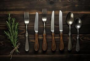 Rustic vintage set of cutlery knife, spoon, fork. Black background. Top view. Created with technology. photo