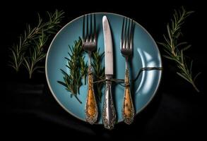 Rustic vintage set of cutlery knife, spoon, fork. Black background. Top view. Created with Generative AI technology. photo