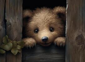Brown cute teddy bear sneaked behind the old wooden door isolated on white background. Copy space for text and content. Created with technology. photo