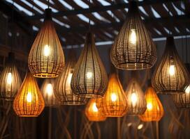 Different modern streamlined mirror copper chandeliers. Bubble metal copper shade pendant. Created with technology. photo