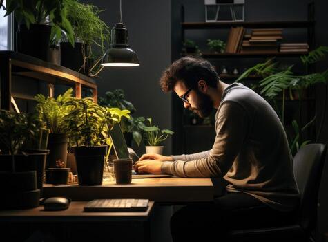 Wide angle back view at man using computer at home office with modern tech interior, copy space. Created with technology. photo