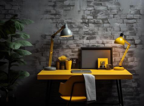 Wide angle back view at man using computer at home office with modern tech interior, copy space. Created with technology. photo