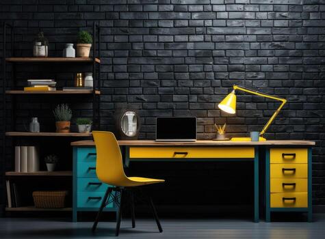 Wide angle back view at man using computer at home office with modern tech interior, copy space. Created with technology. photo