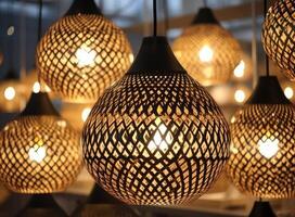 Different modern streamlined mirror copper chandeliers. Bubble metal copper shade pendant. Created with technology. photo