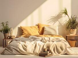 elegante dorado lámpara y papelería en de madera mesita de noche en dormitorio. interior elemento. creado con generativo ai tecnología. foto