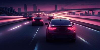 Car rush hours city street. Cars on highway in traffic jam. Created with Generative AI technology. photo