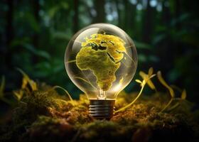 Green World Map On The Light Bulb With Green Background, Renewable Energy Environmental Protection, Renewable, Sustainable Energy Sources. Created with Generative AI technology. photo