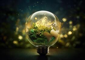 Green World Map On The Light Bulb With Green Background, Renewable Energy Environmental Protection, Renewable, Sustainable Energy Sources. Created with Generative AI technology. photo