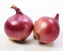 Red whole and sliced onion, isolated on white background. Created with Generative AI technology. photo