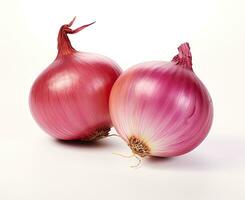 Red whole and sliced onion, isolated on white background. Created with Generative AI technology. photo