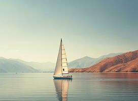 Sailing boat in the sea against the backdrop of mountains. Created with Generative AI technology. photo