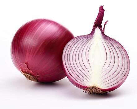 Red whole and sliced onion, isolated on white background. Created with Generative AI technology. photo