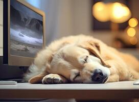 Young woman working on laptop at home, cute small dog besides. Work from home, stay safe. Created with Generative AI technology. photo