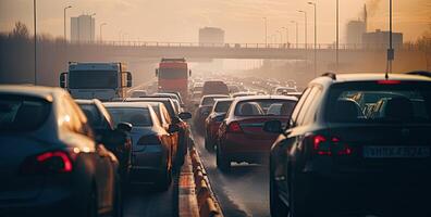 Car rush hours city street. Cars on highway in traffic jam. Created with Generative AI technology. photo