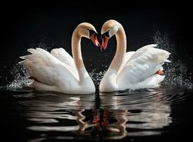 The couple of swans with their necks form a heart. Mating games of a pair of white swans. Swans swimming on the water in nature. Valentine's Day background. Created with Generative AI technology. photo