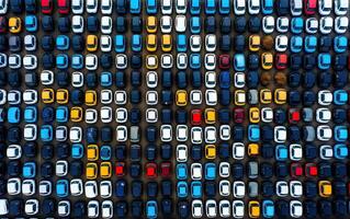 Aerial view new car lined up in the port for import and export business logistic to dealership for sale, Automobile and automotive car parking lot. Created with Generative AI technology. photo