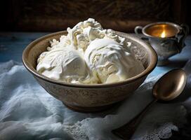 Bowl with tasty vanilla ice cream on table against light background. Created with Generative AI technology. photo