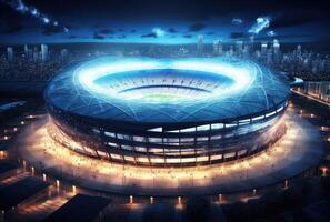 textured soccer game field with neon fog - center, midfield. Created with Generative AI technology. photo