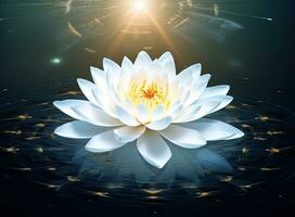 White lotus with yellow pollen on surface of pond. Created with Generative AI technology. photo
