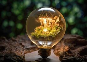 Green World Map On The Light Bulb With Green Background, Renewable Energy Environmental Protection, Renewable, Sustainable Energy Sources. Created with Generative AI technology. photo