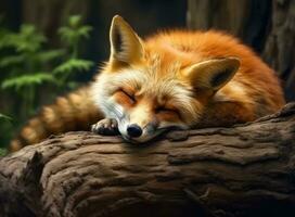 Red cute fox, animal sleeps on a tree. Created with Generative AI technology. photo