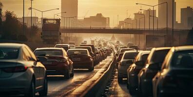 Car rush hours city street. Cars on highway in traffic jam. Created with Generative AI technology. photo