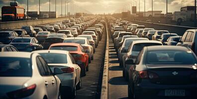 coche prisa horas ciudad calle. carros en autopista en tráfico mermelada. creado con generativo ai tecnología. foto