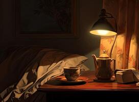 Lamp. Night light by the bedside table with warm light. Intimate setting. Lamp for reading a book on the bed. Created with Generative AI technology. photo