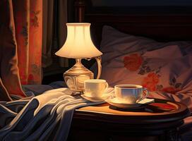 Lamp. Night light by the bedside table with warm light. Intimate setting. Lamp for reading a book on the bed. Created with Generative AI technology. photo