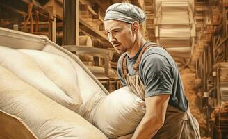 Closeup hands worker holds grain for production of white flour in automated modern mill for bread. Created with Generative AI technology. photo