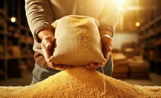 Closeup hands worker holds grain for production of white flour in automated modern mill for bread. Created with Generative AI technology. photo