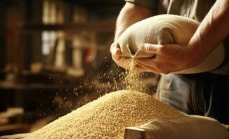 Closeup hands worker holds grain for production of white flour in automated modern mill for bread. Created with Generative AI technology. photo