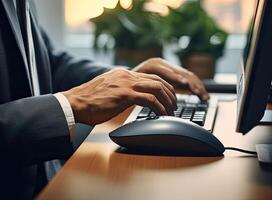 Close-up of unrecognizable businessman with smart watch sitting at desk and using wireless mouse and keyboard. Created with Generative AI technology. photo